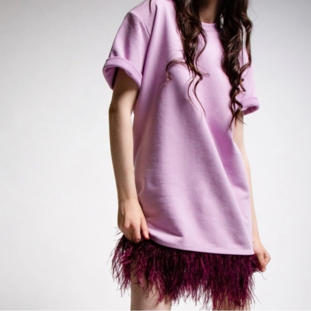Le Superbe amethyst “Avian” feather trimmed tunic dress BNWT Size small